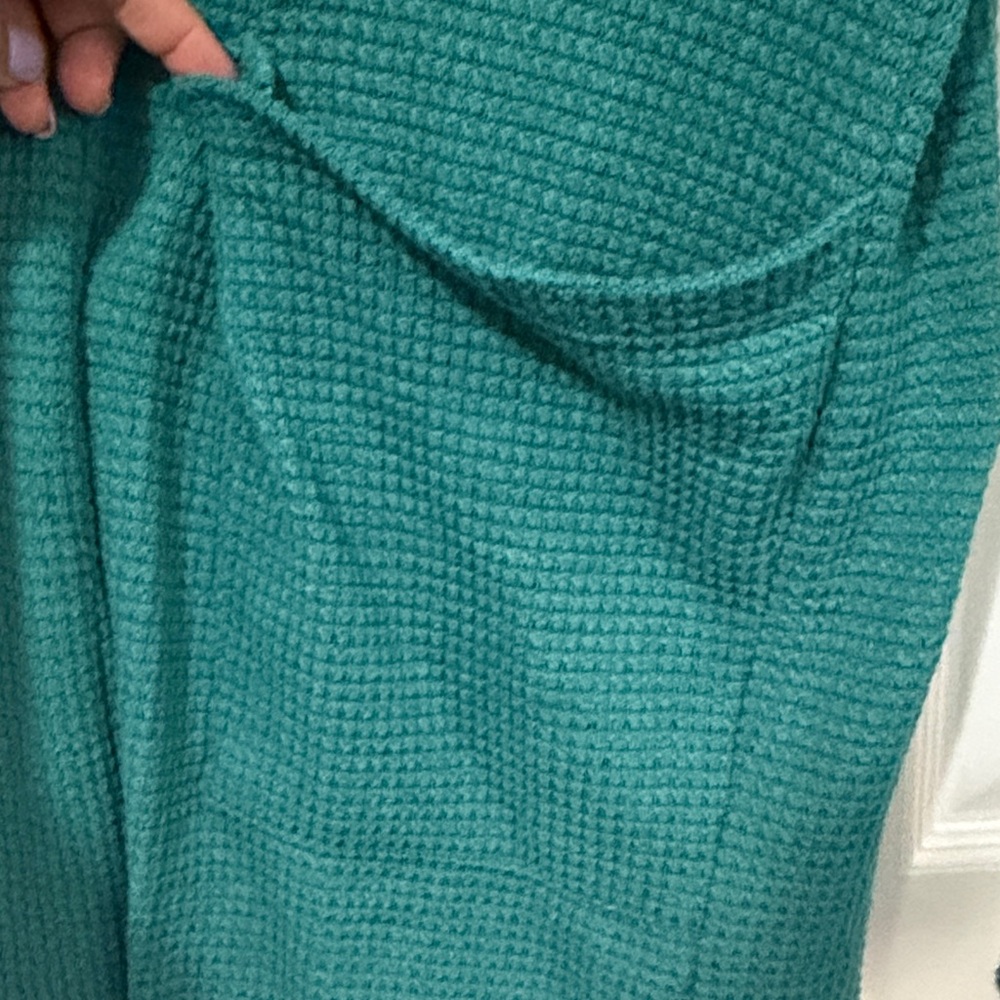 Open Front Waffle Knit Cardigan Sweater in Teal - Picture 3 of 5